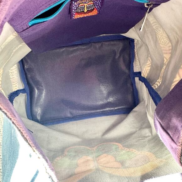 Laurel Burch Blue Denim Purple Drawstring Pull Handpainted Butterfly Backpack - Picture 12 of 13